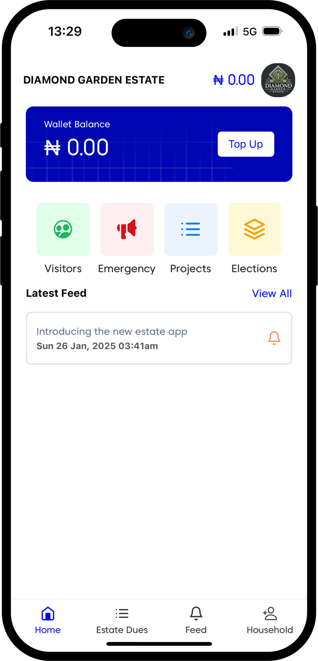 Urbex Estate app home screen showing wallet balance, quick actions, and the community feed